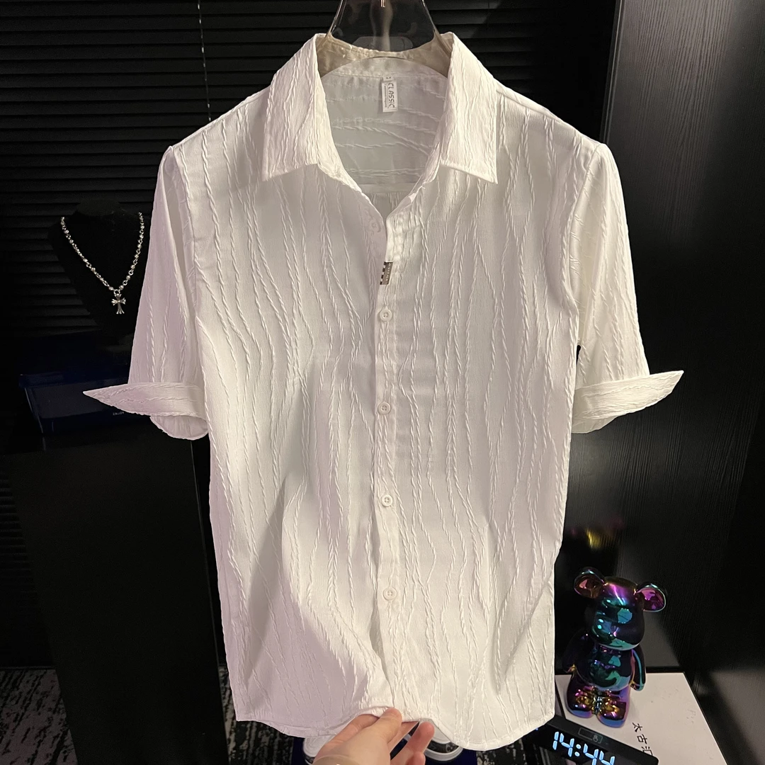 DB-薄款白色衬衫男新款条纹休闲七分袖潮牌痞帅修身七袖衬衣男生1