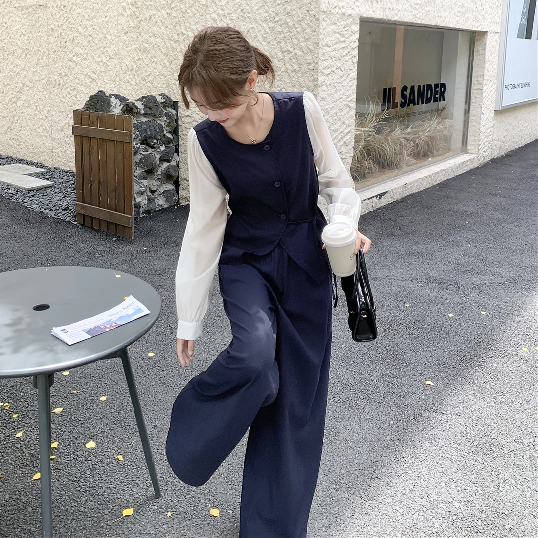假两件拼接衬衫阔腿裤休闲时尚收腰套装女2025秋季新款减龄两件套