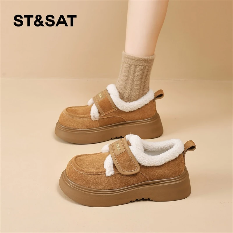 星期六加绒勃肯鞋女2025新款冬季保暖毛毛鞋魔术贴厚底乐福鞋棉鞋
