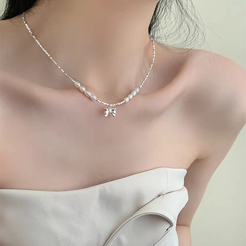 非金属仿珍珠项链 蝴蝶结碎银子珍珠项链小众高级甜美冷淡风