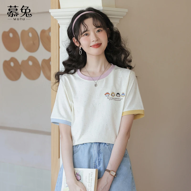 慕兔甜美撞色刺绣短袖t恤女2025夏季新款设计感小众宽松显瘦上衣