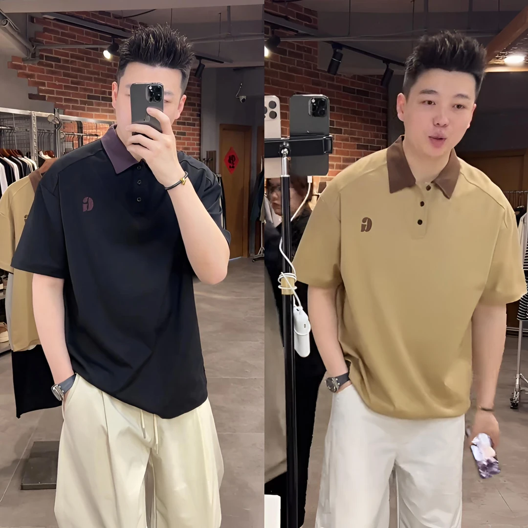 夏季新款假两件刺绣翻领polo衫男士商务休闲撞色设计舒适百搭上衣