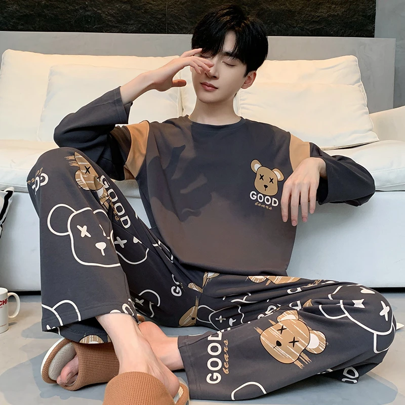 大码男士睡衣春秋季长袖纯棉时尚大码青少年秋冬天学生家居服套装