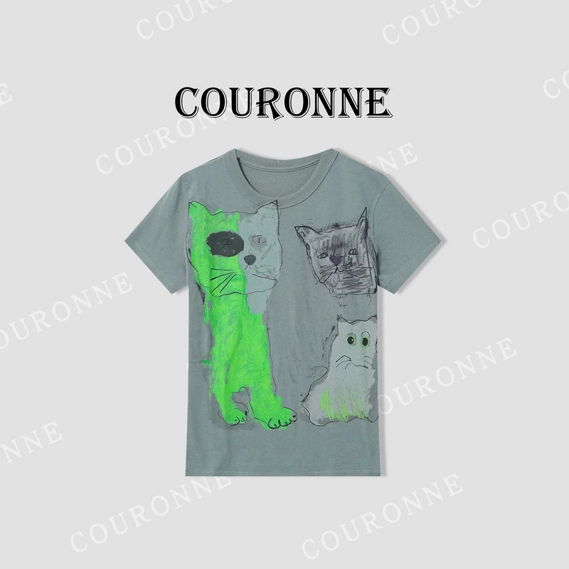 【小熊】-春夏‘’艺术猫咪‘’减龄小众短袖小个子休闲T恤上衣女31601