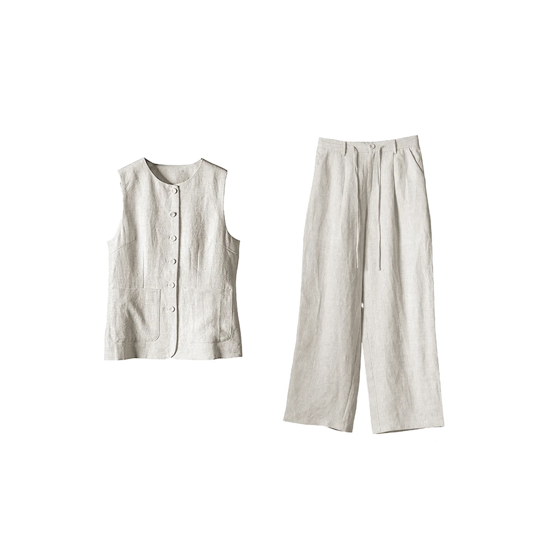 【青瓷隐奢】~100%亚麻无袖马甲老钱风气质无袖衬衫长裤女士两件套