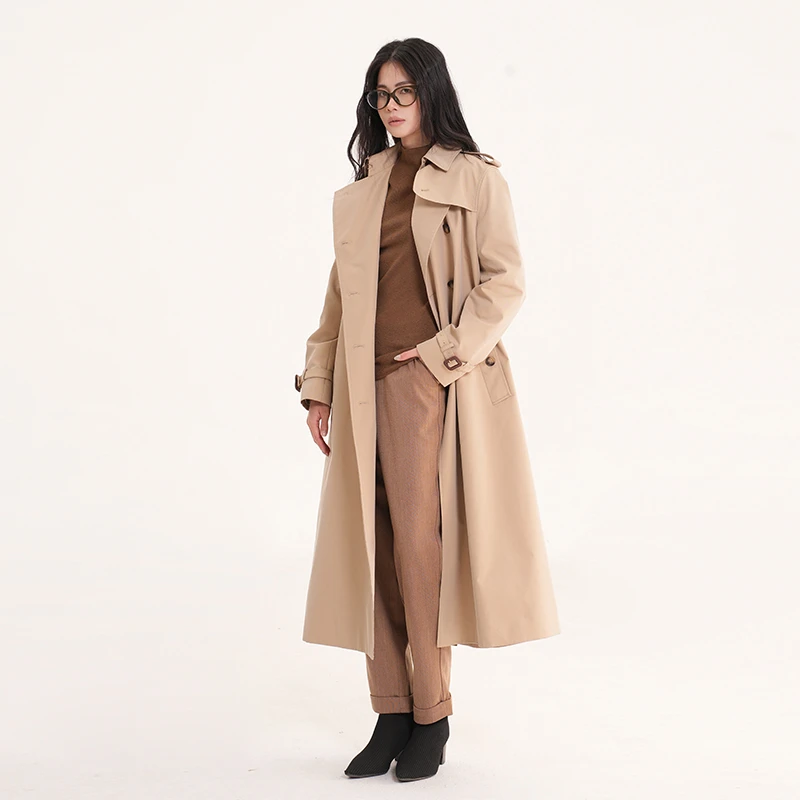 BAZAN/芭赞直筒型女长款英伦风高密长款风衣大衣时尚宽松卡其色