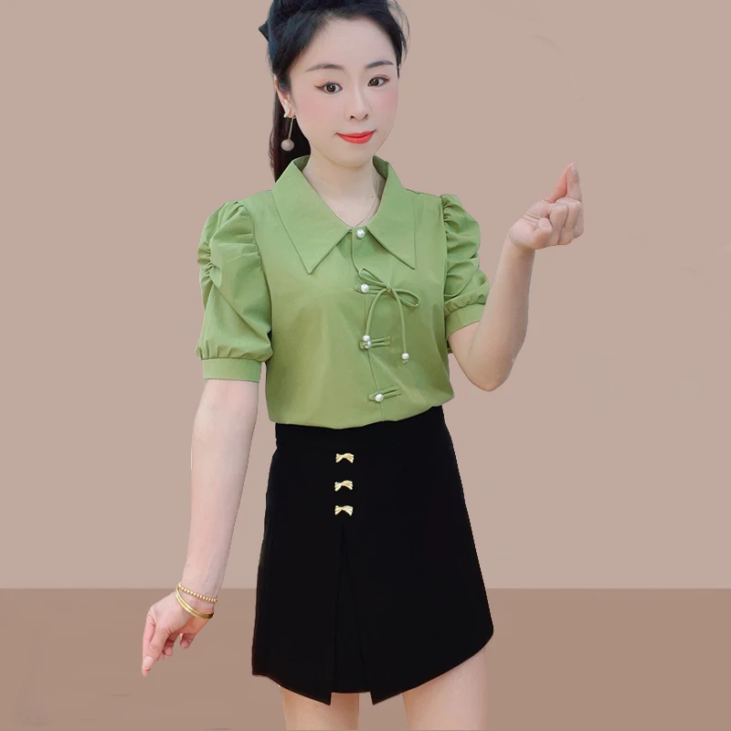2025年夏季衬衣女新款新中式复古国风短袖时尚洋气蝴蝶结盘扣衬衫
