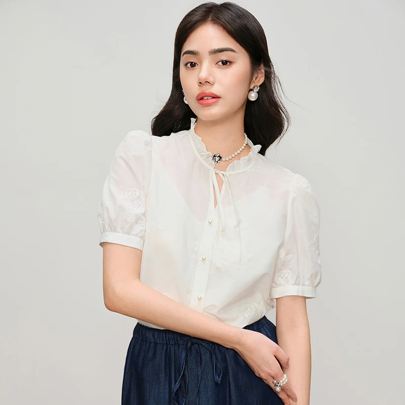 【养肤绢丝棉】玫瑰刺绣白衬衫含桑蚕丝DOUBLOVE贝爱2025夏季新款