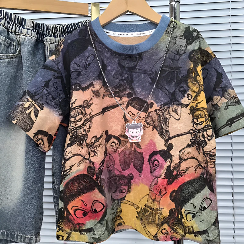 男童2025夏季新款短袖儿童中大童卡通动漫扎染宽松洋气透气T恤潮