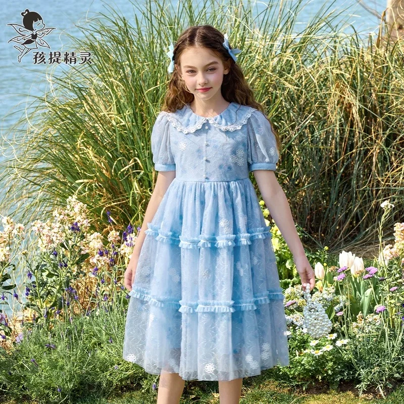 女童蓝色蕾丝连衣裙25夏装新款洋气蛋糕裙儿童公主裙1033