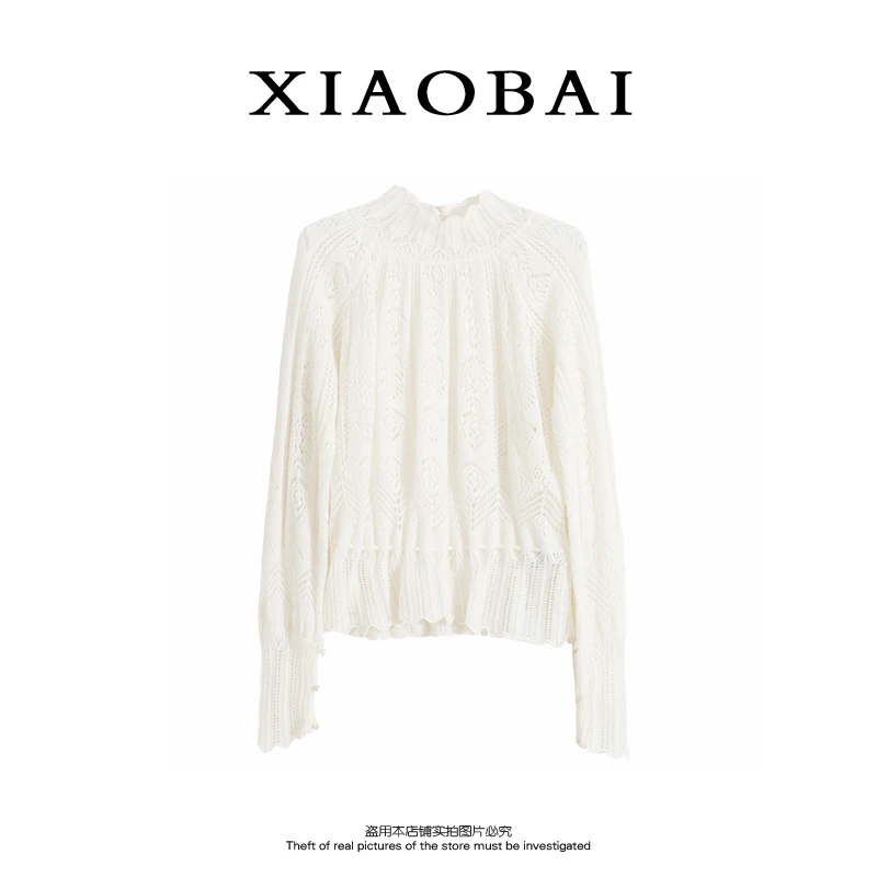 XIAOBAI法式镂空钩花针织衫女2025新款秋冬季宽松羊毛上衣打底衫