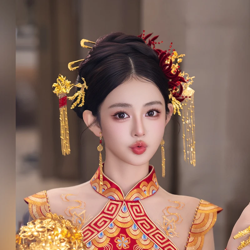合金婚庆饰品 新娘绒花超仙金色流苏步摇秀禾造型结婚发饰女G0331