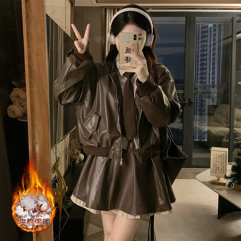 2025秋冬新款美拉德夹棉咖色皮棉衣拼接短款外套+半身裙两件套女