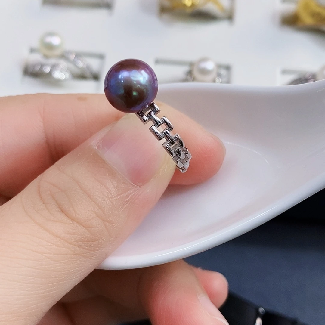 银S925镶嵌特价淡水极光紫珠戒指淡水珍珠