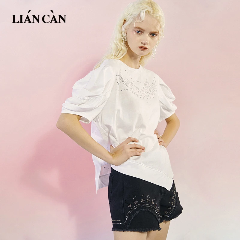 莲灿2025春夏新商场同款波西米亚肩顶捏褶针织短袖T恤7122211002
