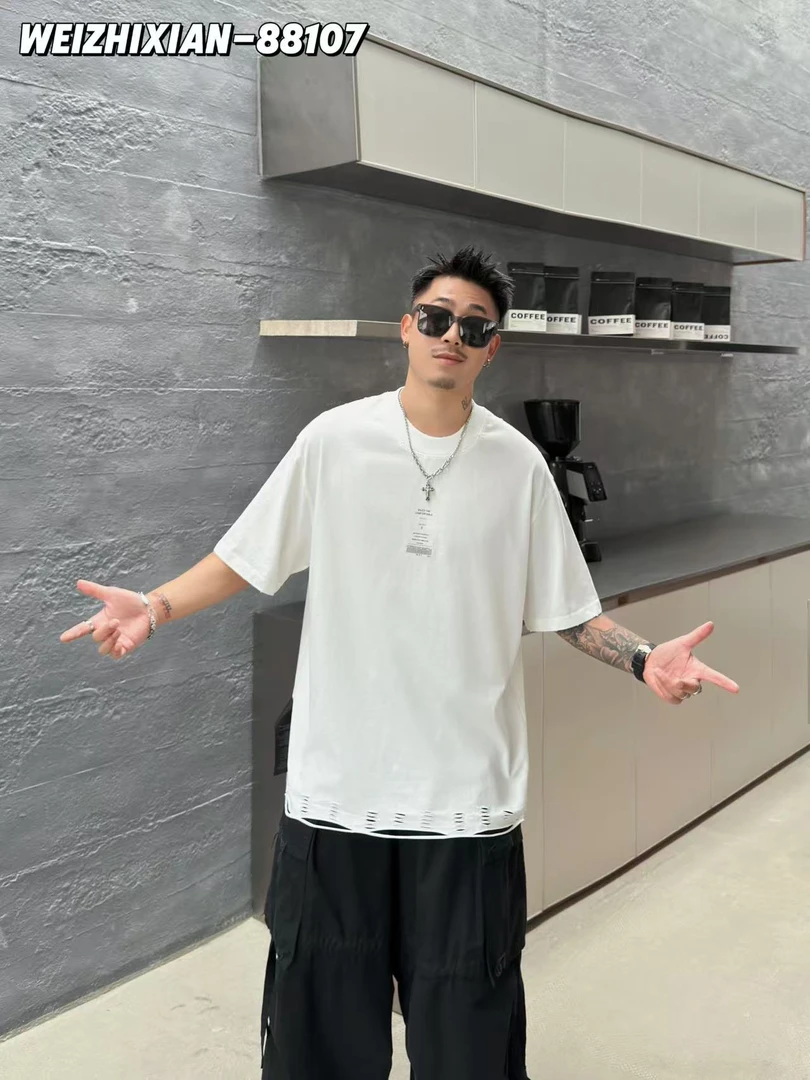 【夏季】新款男女同款时尚破洞设计短袖T恤88107