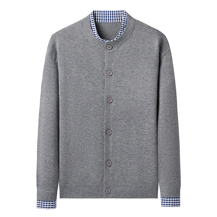 假两件千鸟格针织开衫秋冬新款圆领开衫毛衣休闲毛衣男士保暖开衫