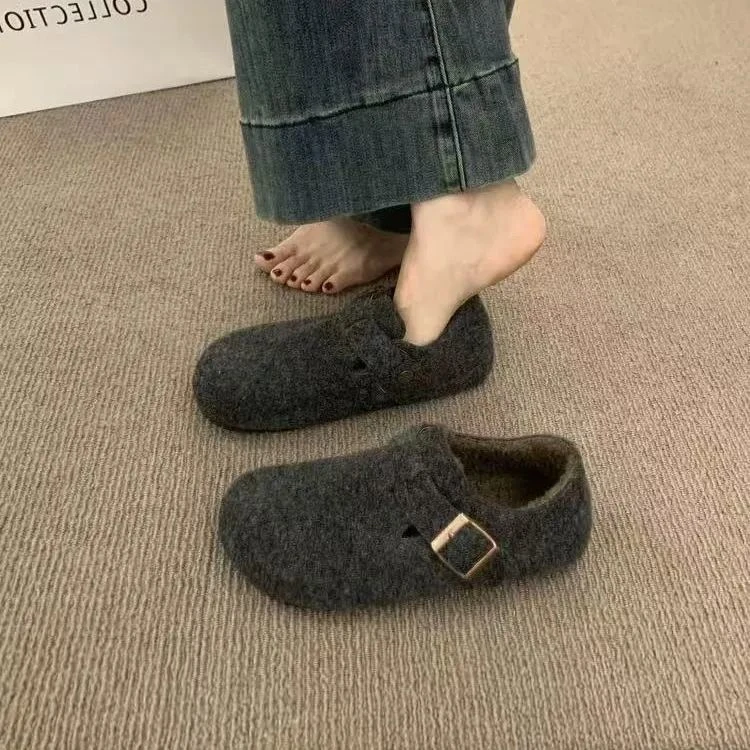 AD复古毛毡加绒勃肯鞋女2025秋冬新款加绒一脚蹬保暖棉鞋乐福鞋