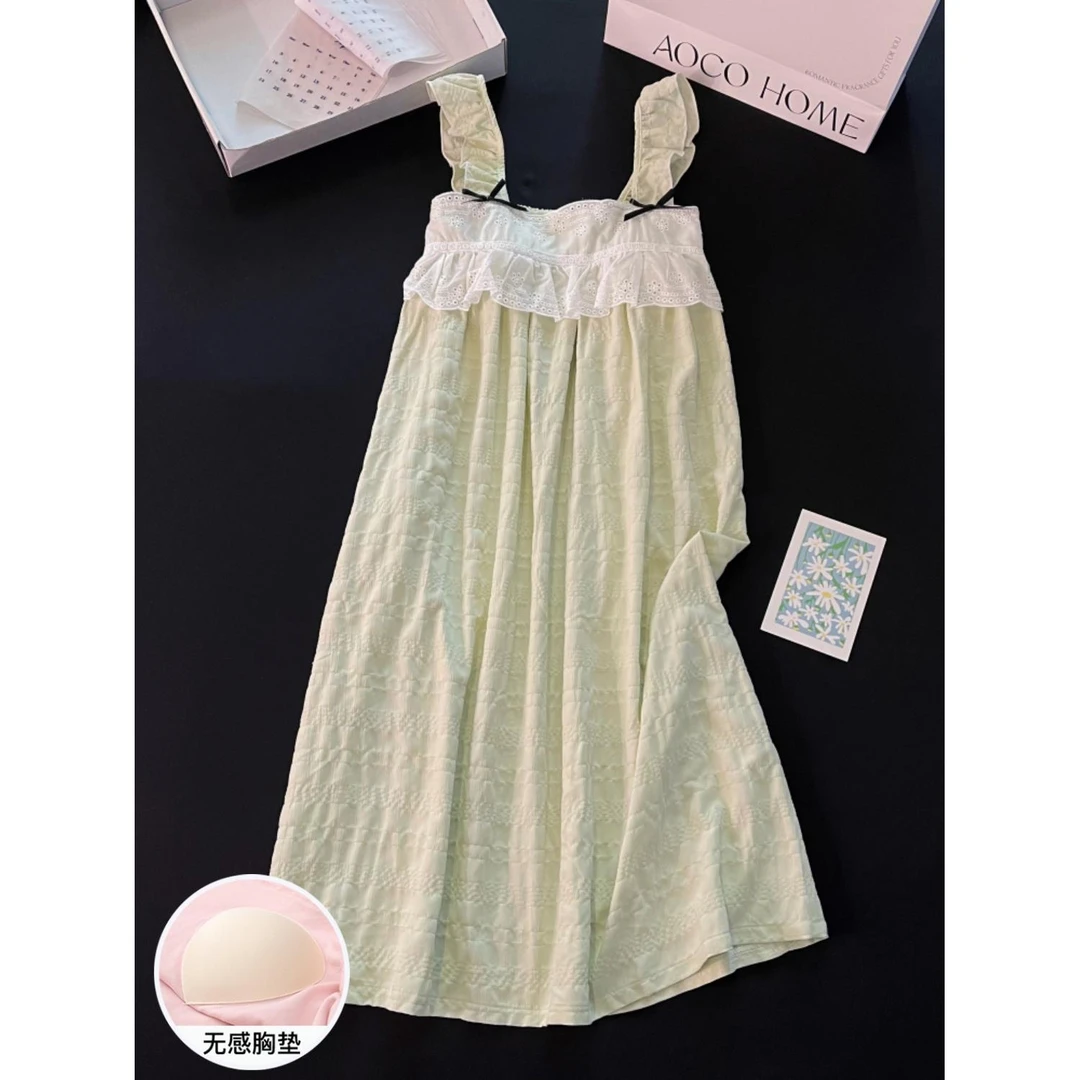 睡衣睡裙女夏季梭织纯棉带胸垫2025新款大码凉感绿色吊带裙家居服