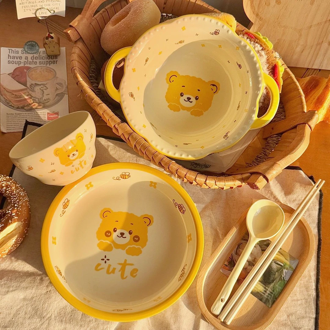 【一人食5件套】蜜蜂熊仔陶瓷餐具釉下彩高温瓷汤面碗饭碗盘子套装
