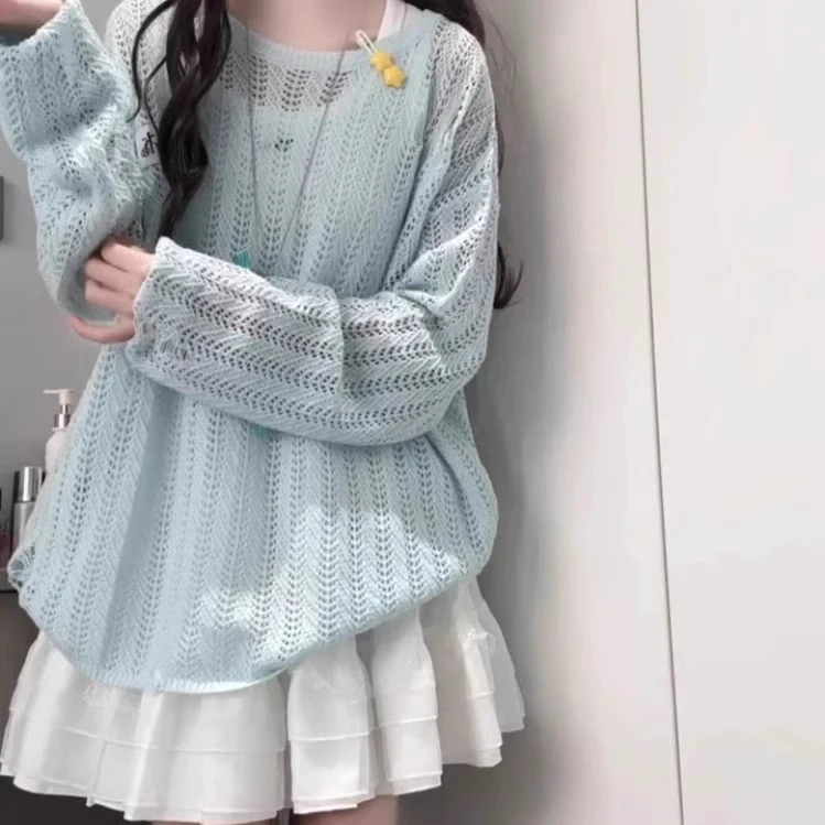 慵懒风镂空破洞针织套头防晒罩衫宽松休闲上衣女潮流百搭长袖薄款