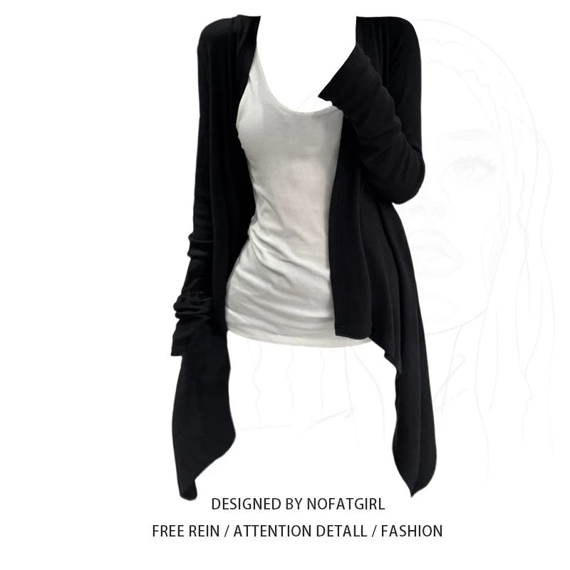 大码纸片人开衫吊带背心两件套不规则下摆针织气质显瘦套装-1052