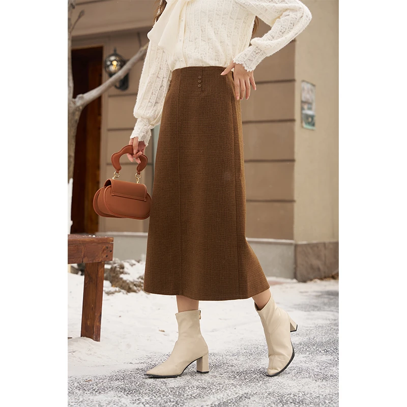 【年末大促】谜秀复古毛呢子直筒后开叉长款高腰百搭半身裙显瘦气质