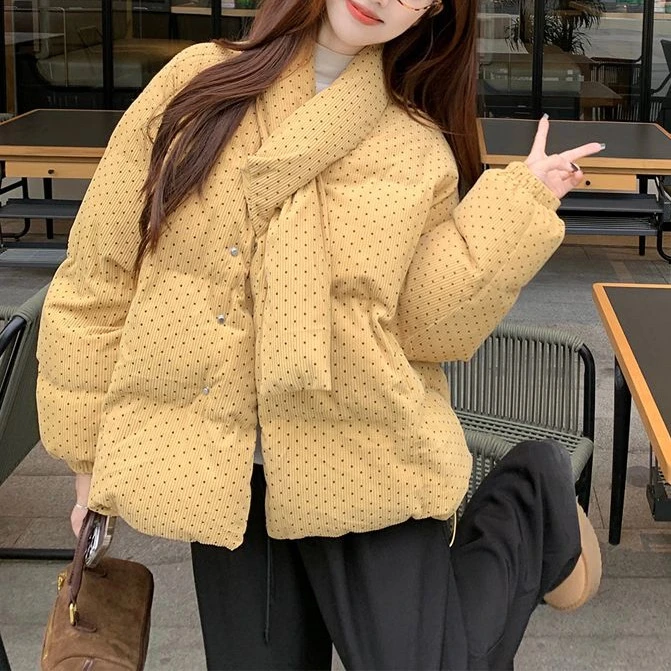 奶酪黄波点韩版围脖领设计加厚保暖棉服25冬新款时尚休闲女外套