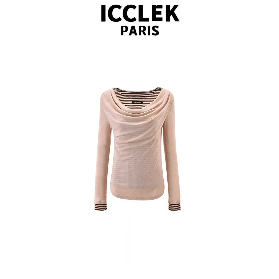 ICCLEK 卡其色假两件条纹荡领长袖T恤女百搭显瘦上衣-9028