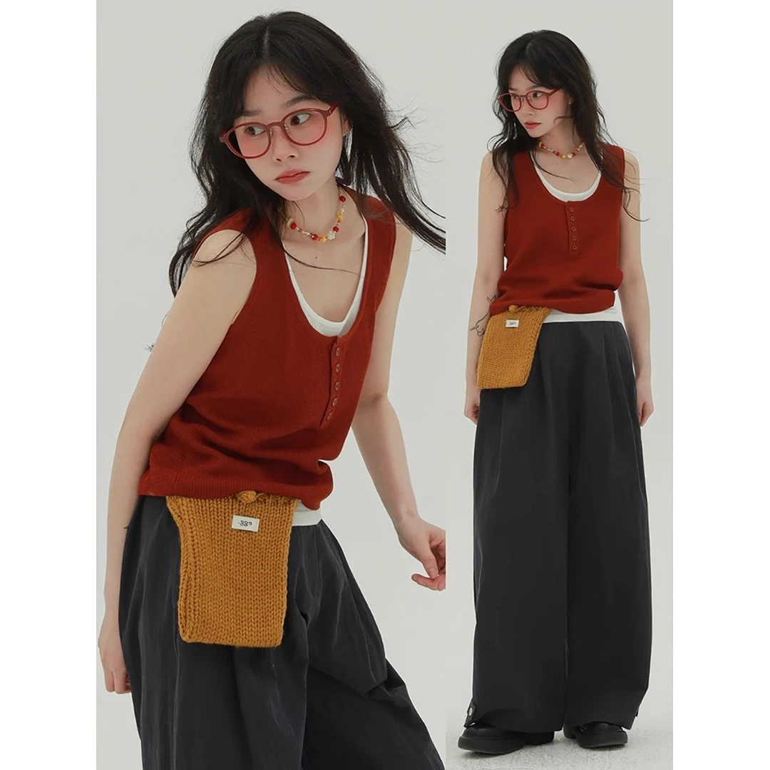 法式复古U领红色假两件针织背心女夏季外穿吊带短款打底上衣