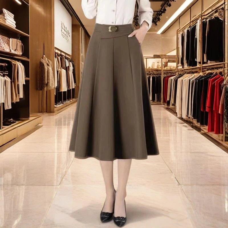 2025春波浪褶高腰中长裙淑女拼接半身裙秋冬女装半裙裙子休闲显瘦