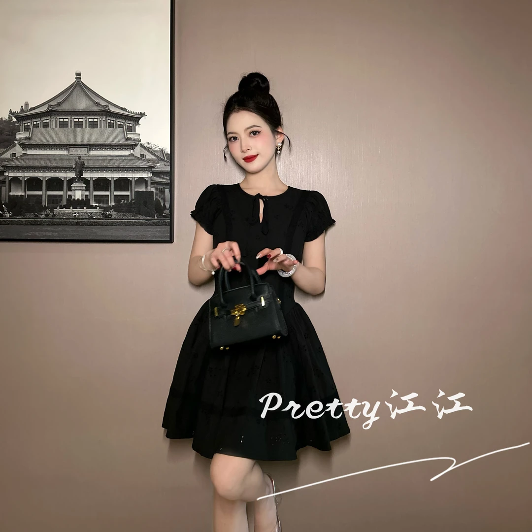 Pretty小众设计师品牌江江定制 法式夏季小黑裙时尚连衣裙61666