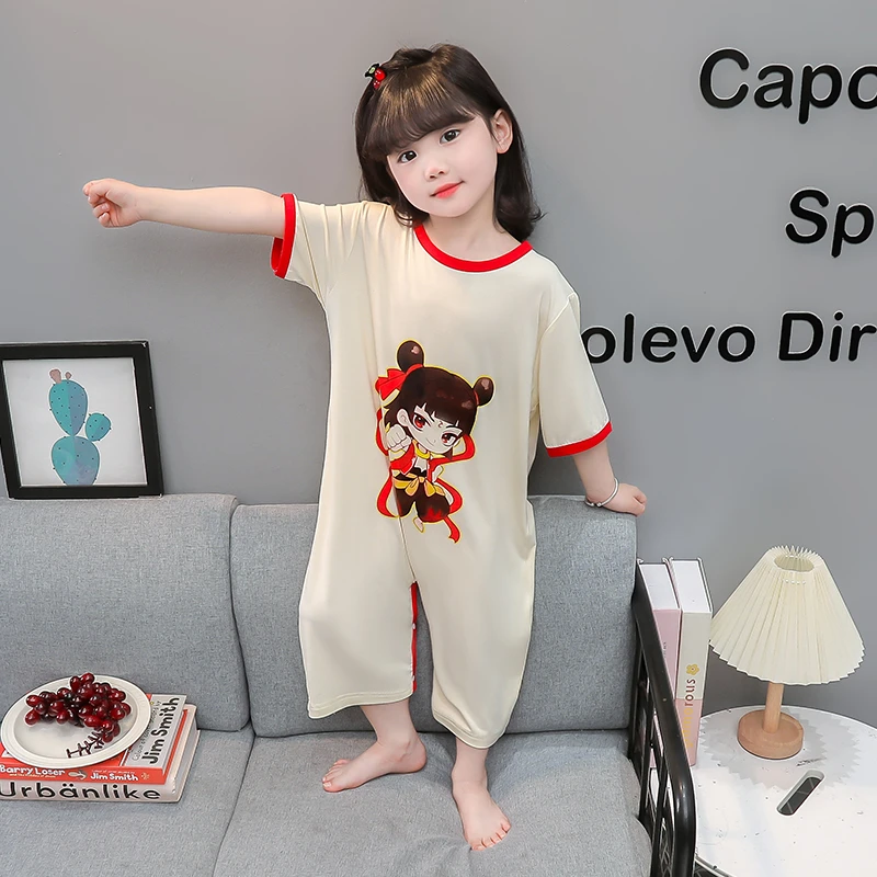 儿童夏季哪吒连体睡衣半袖薄款莫代尔家居服男女童爬服洋气舒适