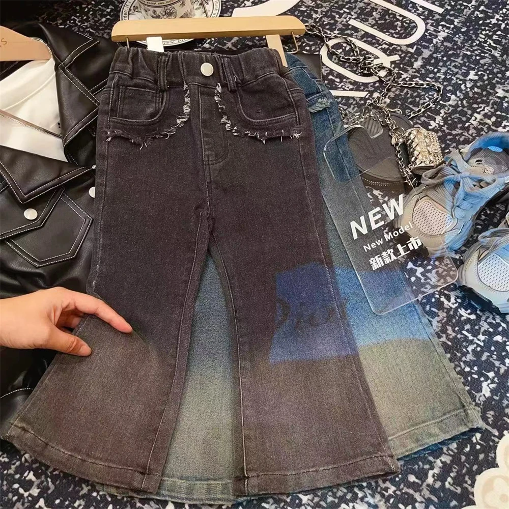 HHkids女童牛仔裤子宝宝秋季修身微喇叭裤儿童休闲长裤CKZ334