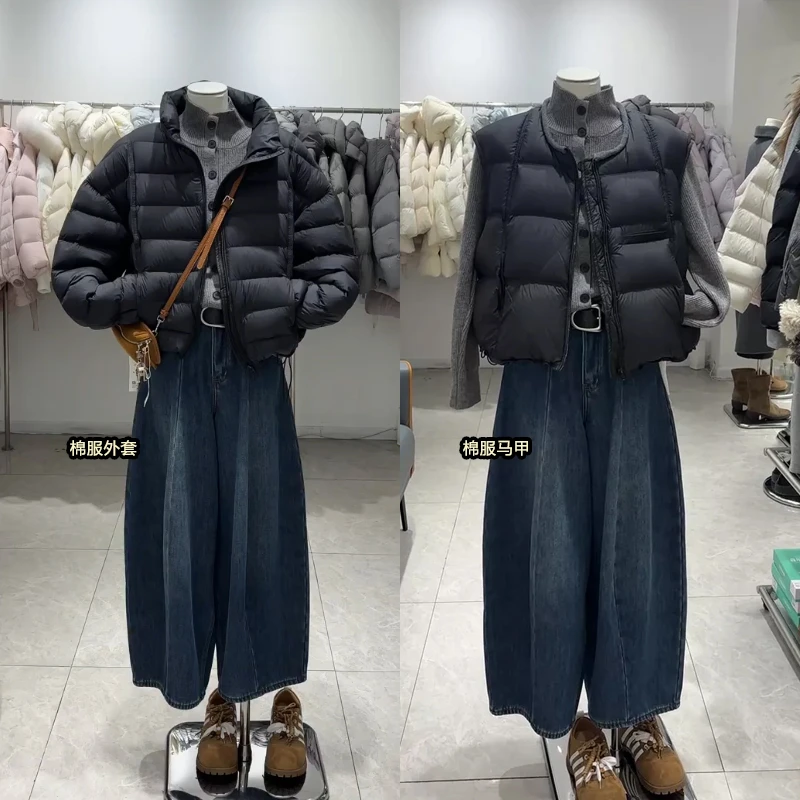 韩版圆领棉服马甲外套2025冬季高领针织毛衣高腰阔腿裤三件套女装