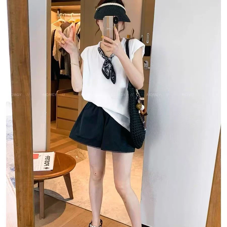 那简家【现货】1220夏季简约百搭带丝巾V领短袖T恤上衣