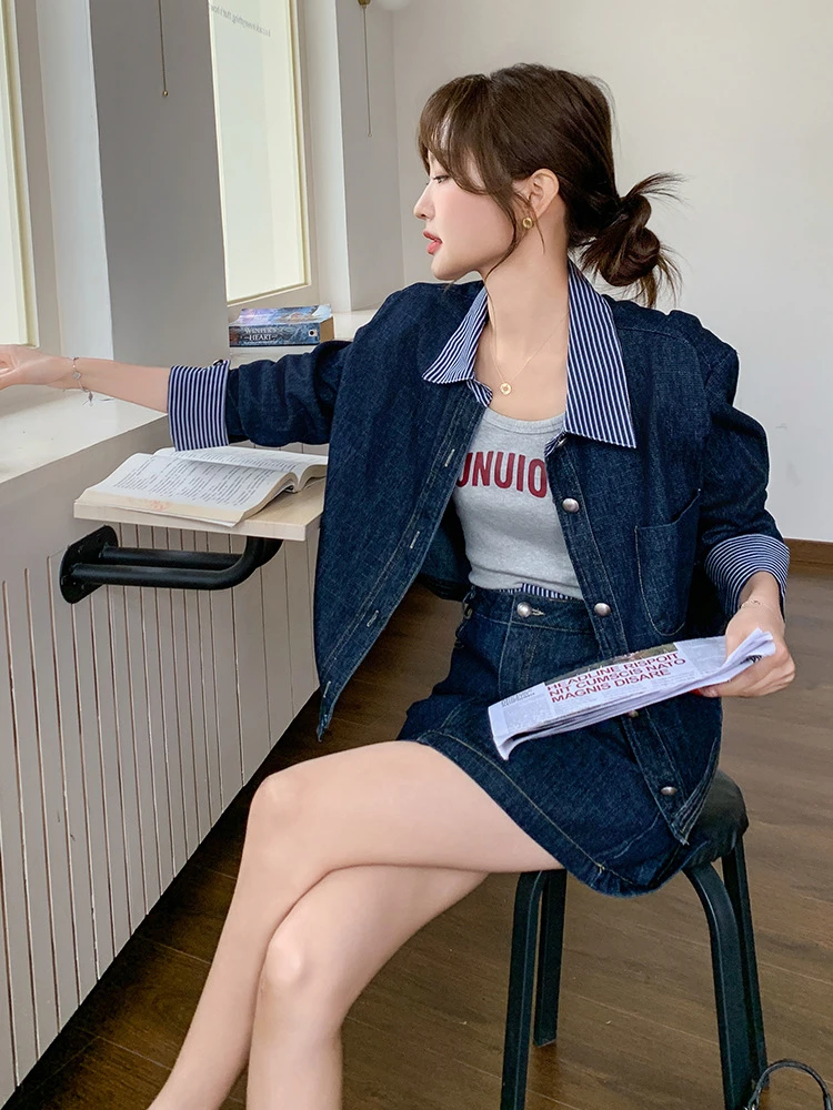 【韩系复古条纹拼接牛仔套装裙女春季2025新高级感超火气质两件套
