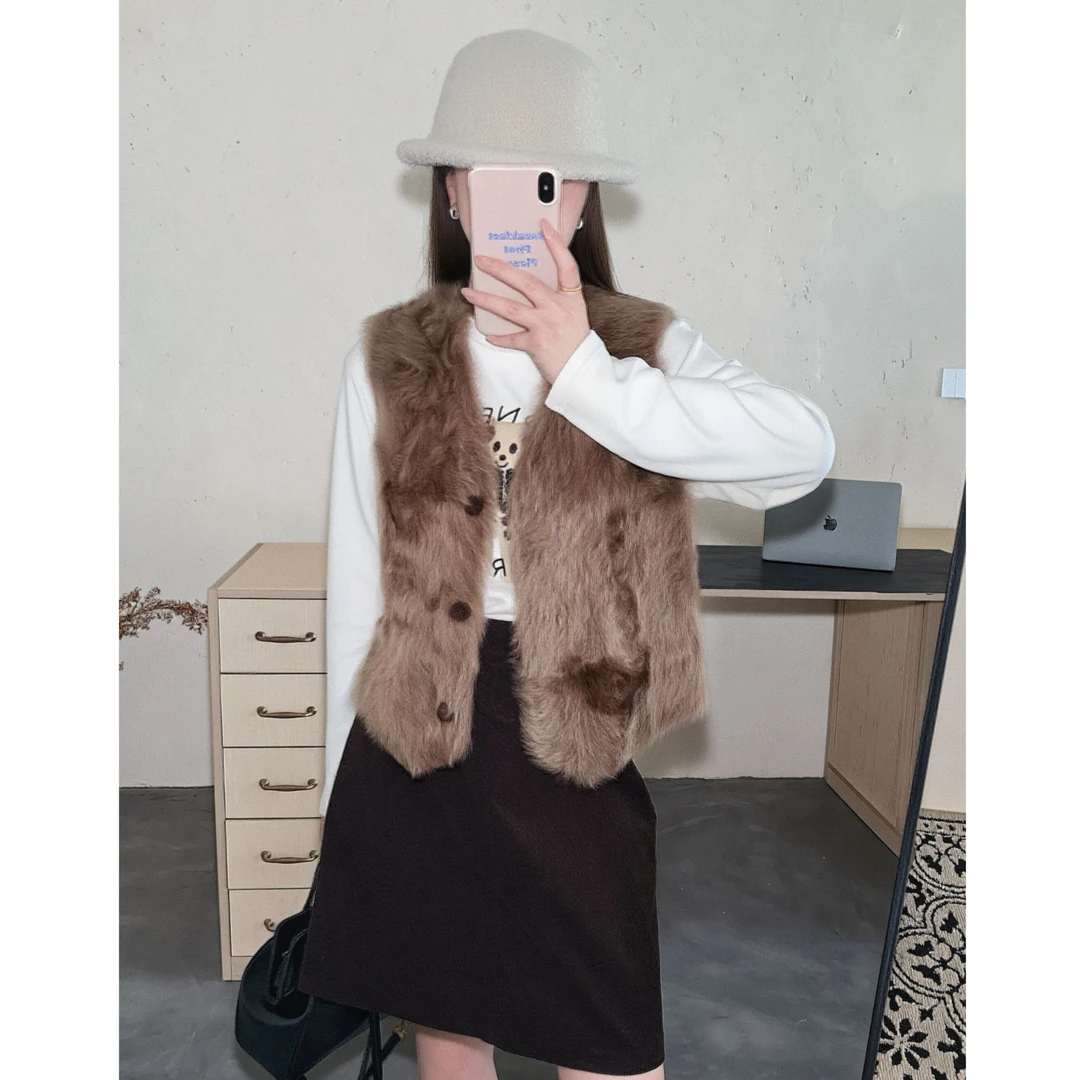 JIAY 高级感小湖羊双面穿皮毛一体短款V领无袖马甲海宁皮草女正品