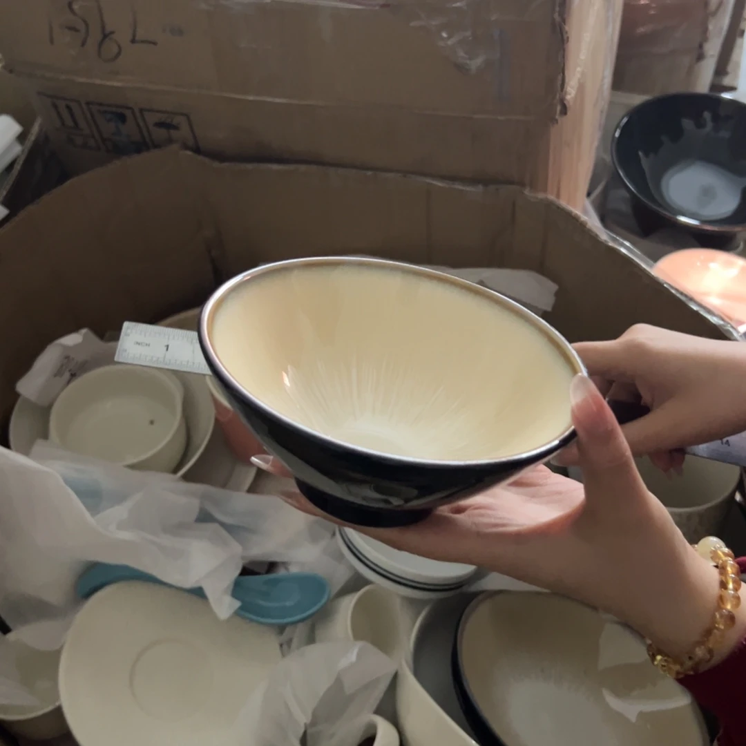 新骨瓷216瑕疵慎拍流韵黄6寸斗笠碗