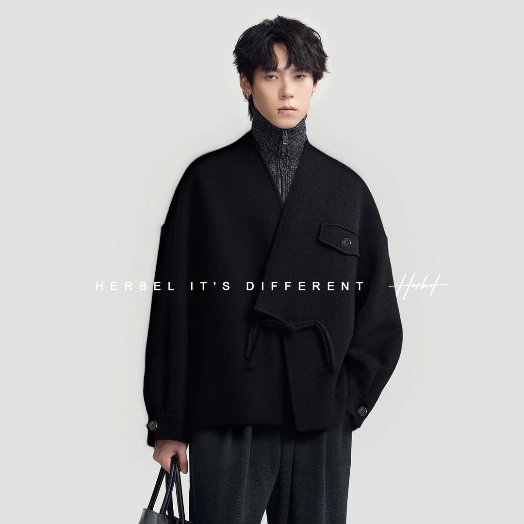 HERBEL/黑白 羊毛大衣男款2025年冬季新款新中式立领保暖大衣外套