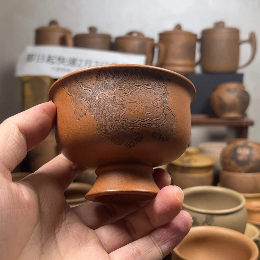 紫砂杯子慢****期狮子刻绘紫砂主人杯