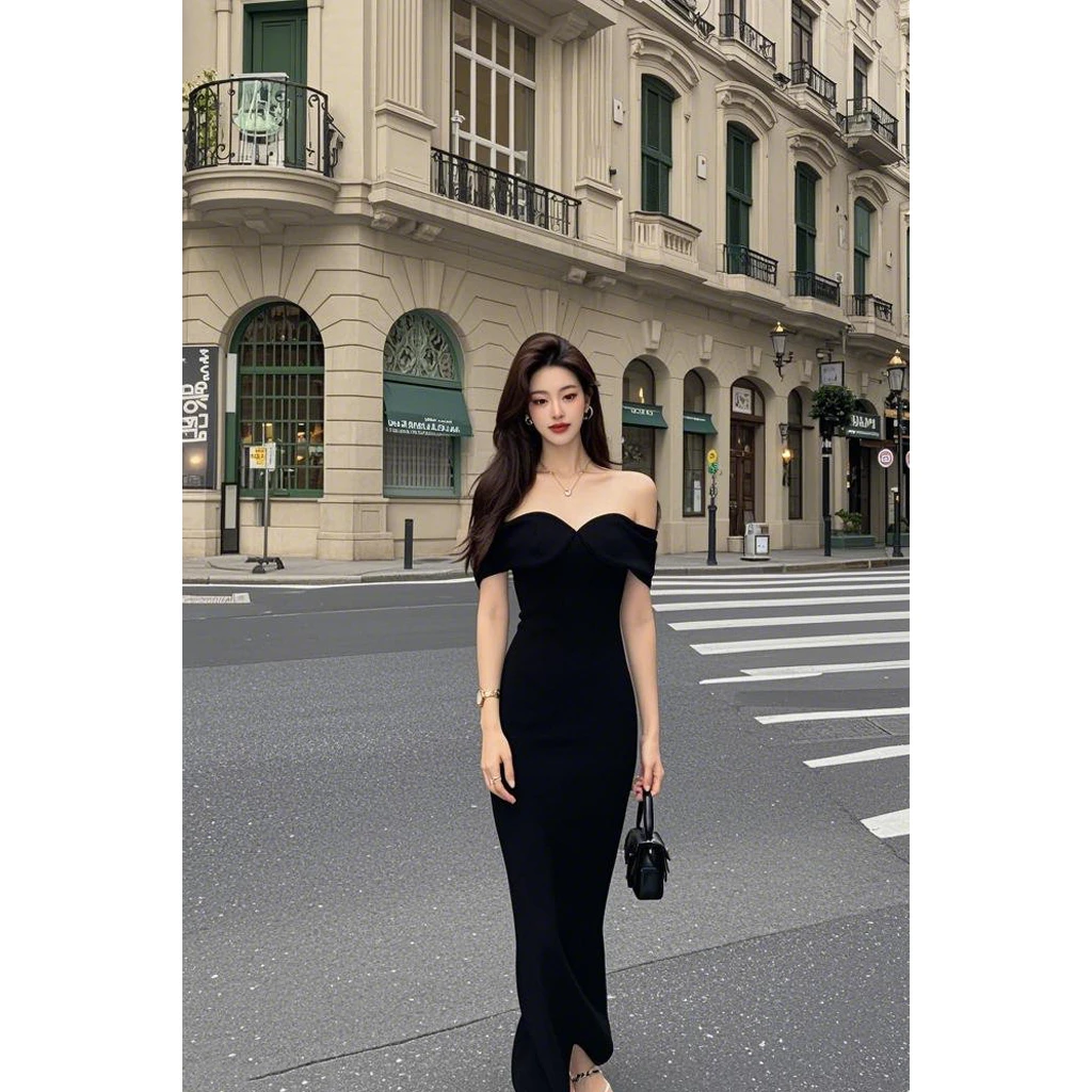 2025新款气质一字肩性感开叉包臀连衣裙女显瘦黑色礼服年会晚礼裙
