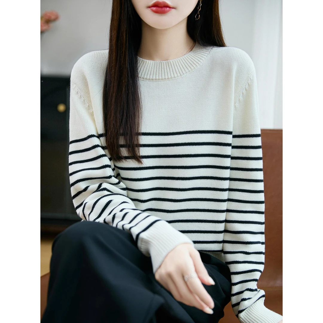 100%纯棉条纹毛衣女2025新款秋冬宽松显瘦加厚保暖针织打底衫上衣