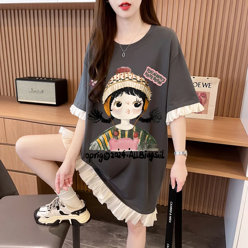 欧货大板T恤裙女夏季爆款韩版时尚百搭卡通休闲假两件纯棉连衣裙