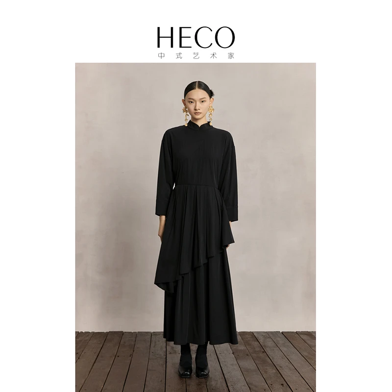 HECO【随逸】新中式国风春季新款柔软修身长袖薄款天丝棉连衣裙女