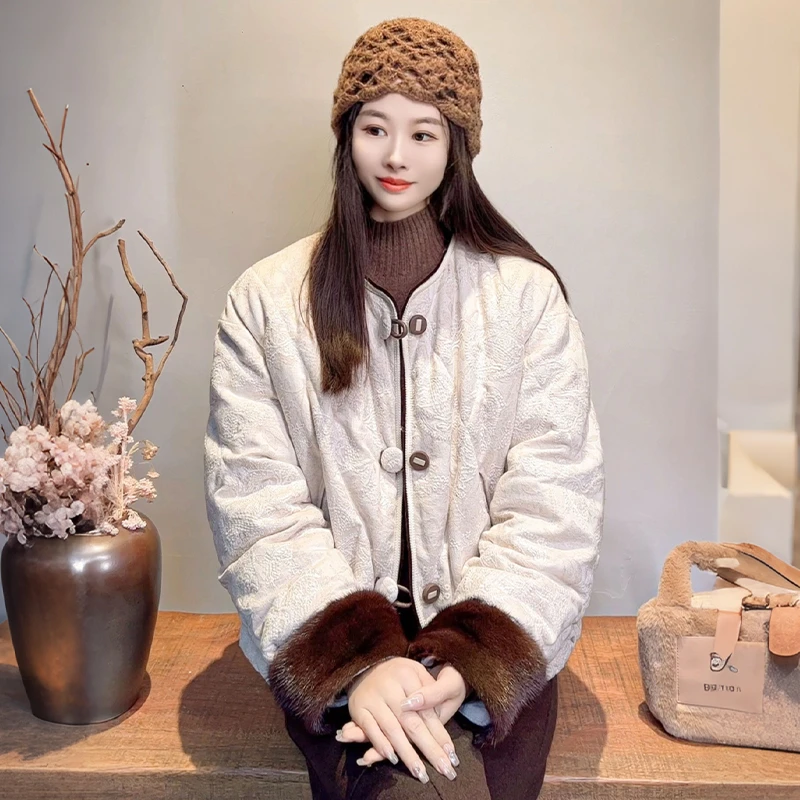 高端刺绣！白色羽绒服女冬季小个子短款新中式鹅绒服水貂毛外套