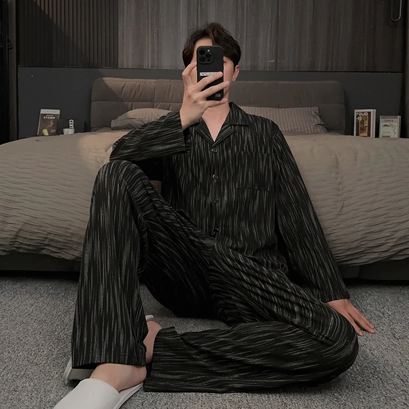 睡衣男士春秋款锁温棉长袖家居服秋冬季黑色条纹高级感可外穿套装