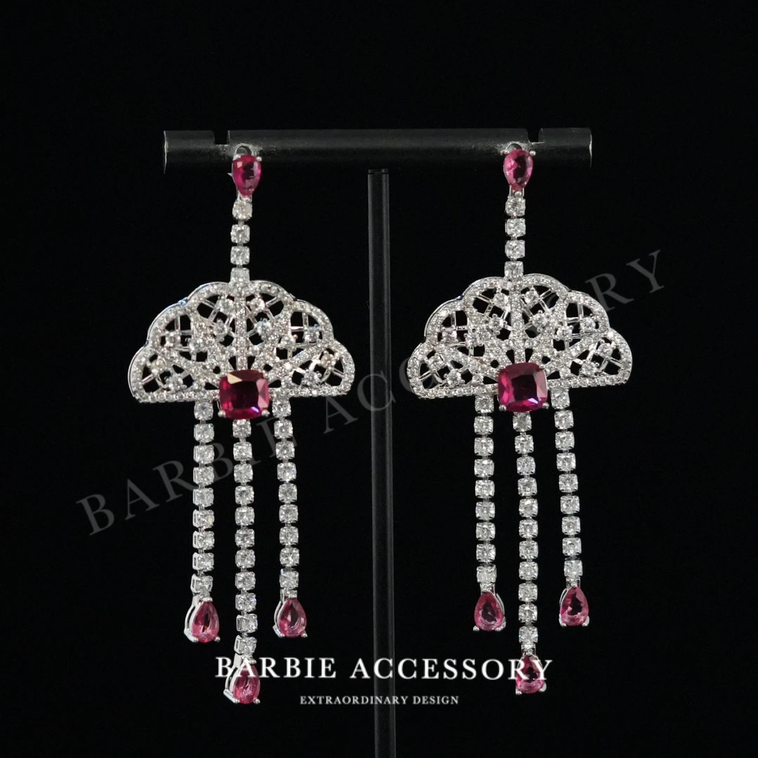 铜合金合成锆石耳饰 【画扇银恋】复古法式设计款高级绝美百搭耳环