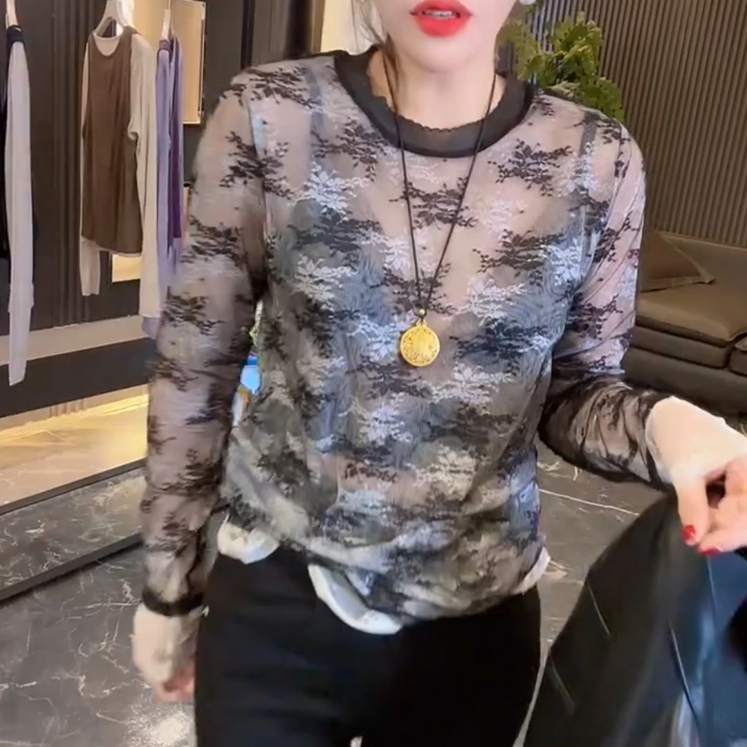 欧货新款时尚洋气定制蕾丝网纱显瘦上衣微透