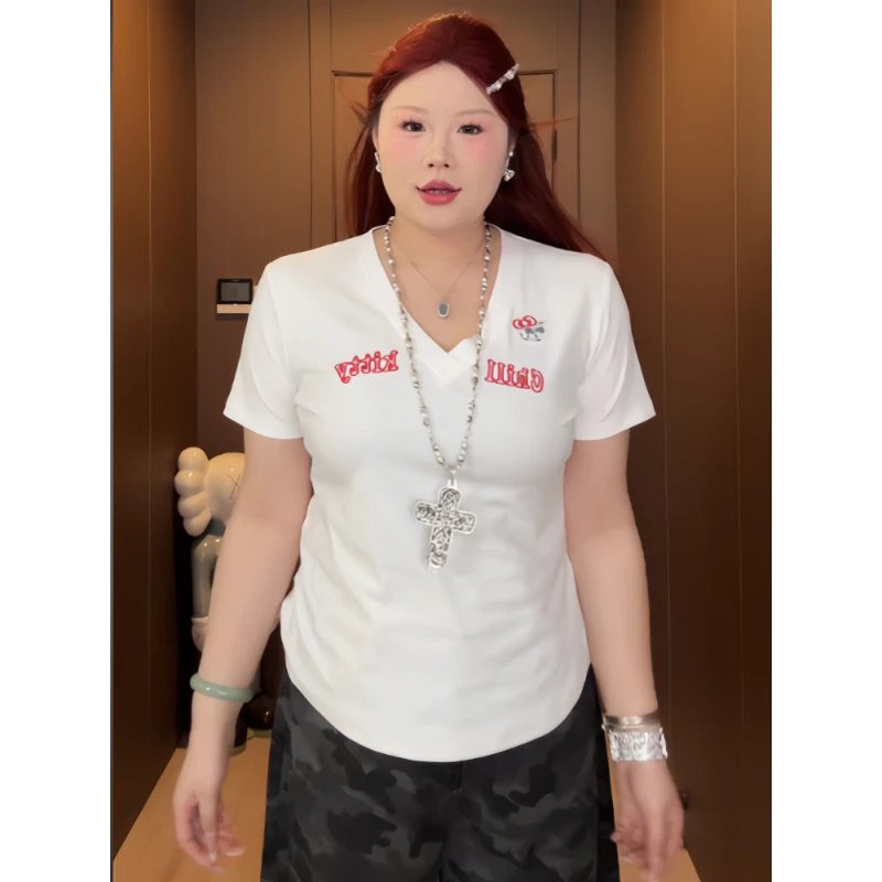 大码胖mm美式辣妹风猫咪刺绣上衣女夏季收腰显瘦设计感V领短袖T恤